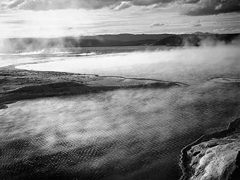 Steaming pool in foreground, high horizon, Fountain Geyser Pool, Yellowstone National Park, Wyoming, White Modern Wood Framed Art Print with Double Matting by Adams, Ansel