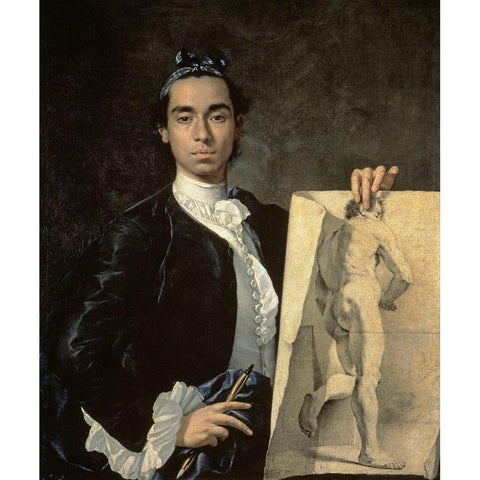 Custom Crop - Portrait of The Artist Holding a Life Study White Modern Wood Framed Art Print by Melendez, Luis Egidio