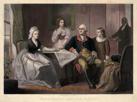 Washington and His Family Black Ornate Wood Framed Art Print with Double Matting by Sartain, William
