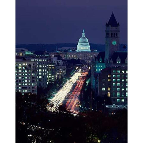 Dusk view of Pennsylvania Avenue, Americas Main Street in Washington, D.C. White Modern Wood Framed Art Print by Highsmith, Carol