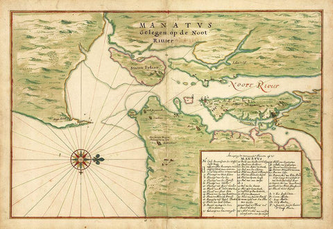 Map of New York City Region - Manatvs gelegen op de Noot Riuier, 1639 Black Ornate Wood Framed Art Print with Double Matting by Vinckeboons, Joan