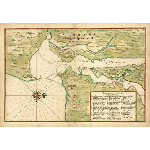 Map of New York City Region - Manatvs gelegen op de Noot Riuier, 1639 Black Modern Wood Framed Art Print by Vinckeboons, Joan