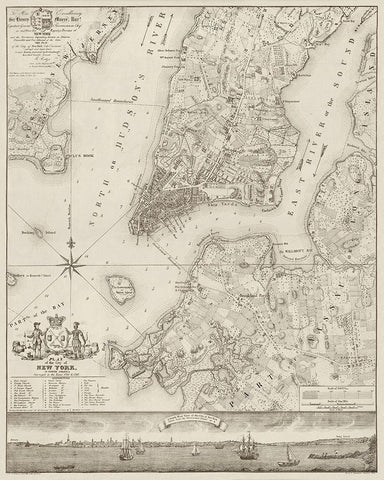 Plan of the City of New York, copied from the Ratzer Map. Surveyed in the Years 1766-1767. White Modern Wood Framed Art Print with Double Matting by New York Common Council,