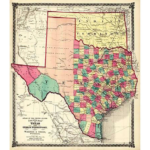 County Map of Texas, and Indian Territory, 1874 White Modern Wood Framed Art Print by H.H. Lloyd and Company