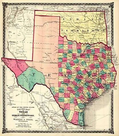 County Map of Texas, and Indian Territory, 1874 White Modern Wood Framed Art Print with Double Matting by H.H. Lloyd and Company