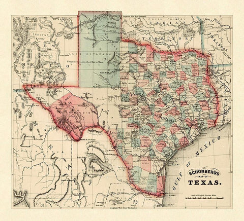 Schonbergs map of Texas, 1866 Black Ornate Wood Framed Art Print with Double Matting by Schonberg and Co.,