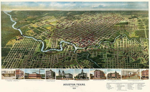 Houston, Texas, 1891 Black Ornate Wood Framed Art Print with Double Matting by Cartographer, Unknown 19th Century