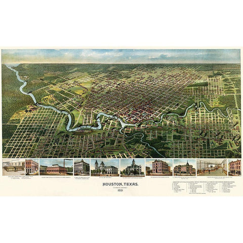 Houston, Texas, 1891 Gold Ornate Wood Framed Art Print with Double Matting by Cartographer, Unknown 19th Century