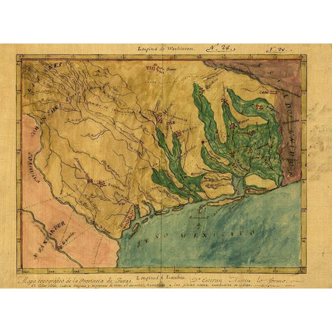 Mapa topografico de la provincia de Texas, ca 1822 Gold Ornate Wood Framed Art Print with Double Matting by Austin, Stephen F.