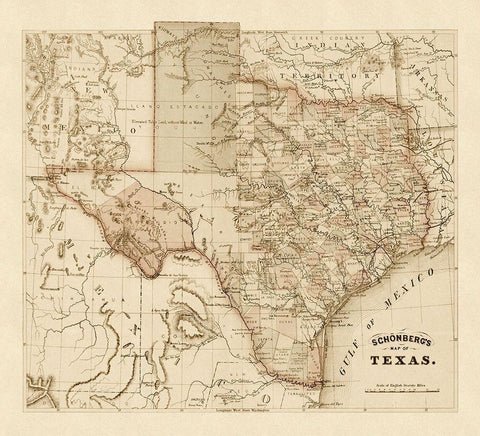 Schonbergs map of Texas, 1866 Black Ornate Wood Framed Art Print with Double Matting by Schonberg and Co.,