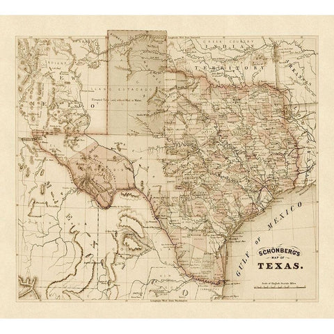 Schonbergs map of Texas, 1866 Gold Ornate Wood Framed Art Print with Double Matting by Schonberg and Co.,