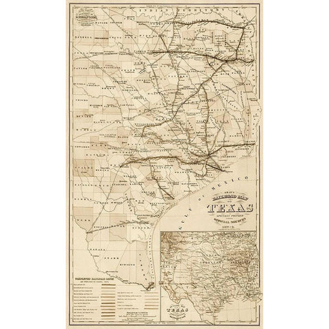 Grays railroad map of Texas - Decorative Sepia Black Modern Wood Framed Art Print by O.W. Gray and Son.,