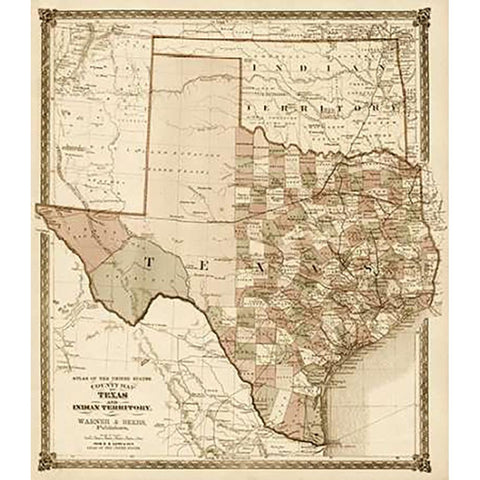 County Map of Texas, and Indian Territory, 1874 - Decorative Sepia Gold Ornate Wood Framed Art Print with Double Matting by H.H. Lloyd and Company