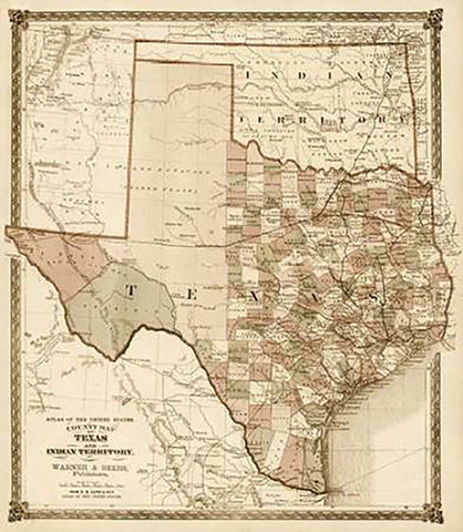 County Map of Texas, and Indian Territory, 1874 - Decorative Sepia White Modern Wood Framed Art Print with Double Matting by H.H. Lloyd and Company