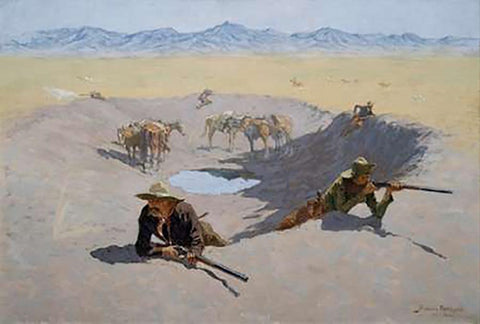 Fight for the Waterhole White Modern Wood Framed Art Print with Double Matting by Remington, Frederic