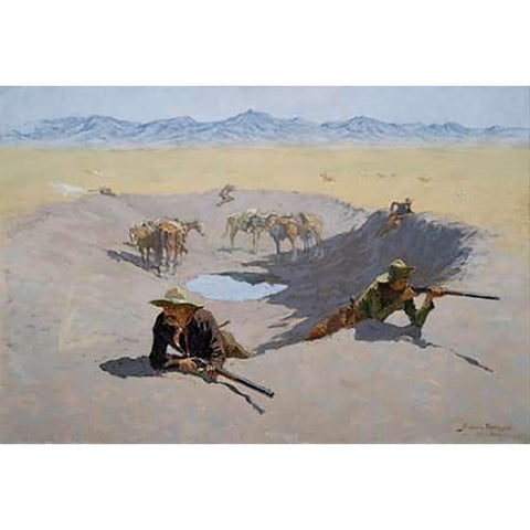 Fight for the Waterhole Gold Ornate Wood Framed Art Print with Double Matting by Remington, Frederic