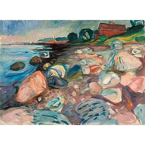 Shore with Red House, 1904 Black Modern Wood Framed Art Print by Munch, Edvard