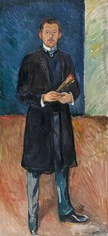 Self-Portrait with Brushes, 1904 White Modern Wood Framed Art Print with Double Matting by Munch, Edvard