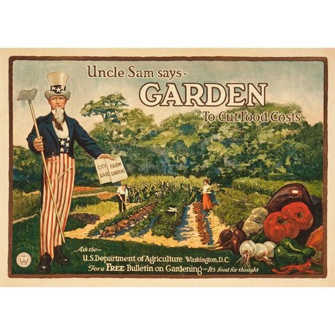 Uncle Sam says - garden to cut food costs, 1917 Gold Ornate Wood Framed Art Print with Double Matting by Artist, Unknown 20th Century American