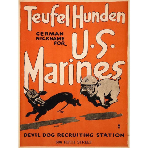 Teufel Hunden, German Nickname for U.S. Marines, 1917 Gold Ornate Wood Framed Art Print with Double Matting by Artist, Unknown 20th Century American