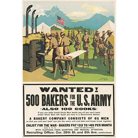 Wanted! 500 Bakers for the U.S. Army, (Also 100 Cooks), 1917 Gold Ornate Wood Framed Art Print with Double Matting by Dewey