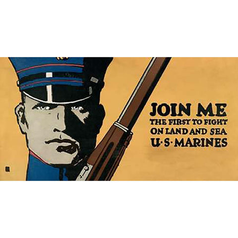 Join me - the first to fight on land and sea - U.S. Marines, 1914/1918 White Modern Wood Framed Art Print by Falls, Charles Buckles