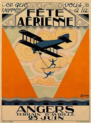 Fete Aerienne Angers - Vintage Aged Paper Style Black Ornate Wood Framed Art Print with Double Matting by Armand, Armand P.L.