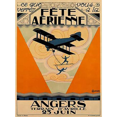 Fete Aerienne Angers - Vintage Aged Paper Style White Modern Wood Framed Art Print by Armand, Armand P.L.