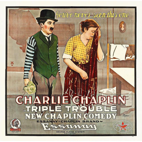 Charlie Chaplin, Triple Trouble White Modern Wood Framed Art Print by Hollywood Photo Archive