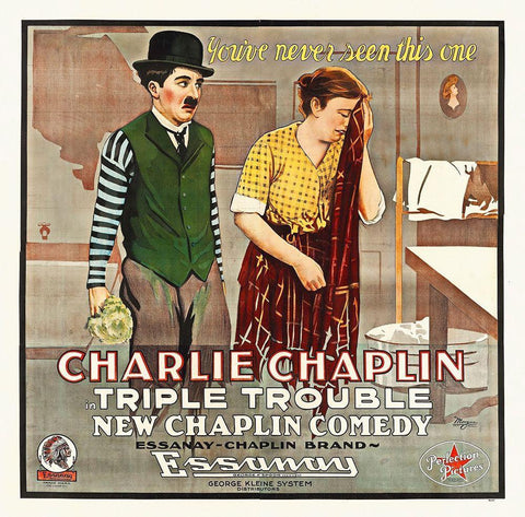 Charlie Chaplin, Triple Trouble White Modern Wood Framed Art Print with Double Matting by Hollywood Photo Archive