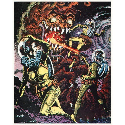 Space Explorers Battle a Beast - Preproduction Art By Wood, Unknown Film Black Modern Wood Framed Art Print with Double Matting by Hollywood Photo Archive