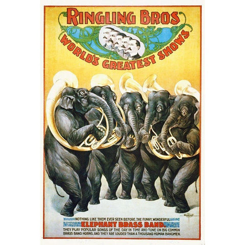 Ringling Bros - Worlds Greatest Shows - The Funny, Wonderful Elephant Brass Band - 1899 Gold Ornate Wood Framed Art Print with Double Matting by Hollywood Photo Archive