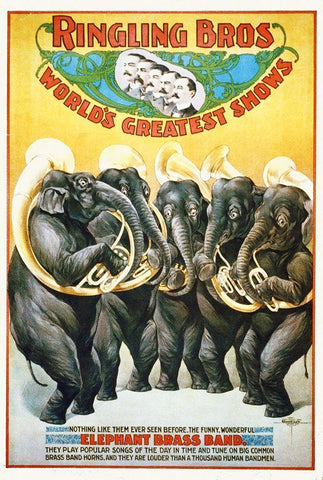 Ringling Bros - Worlds Greatest Shows - The Funny, Wonderful Elephant Brass Band - 1899 Black Ornate Wood Framed Art Print with Double Matting by Hollywood Photo Archive