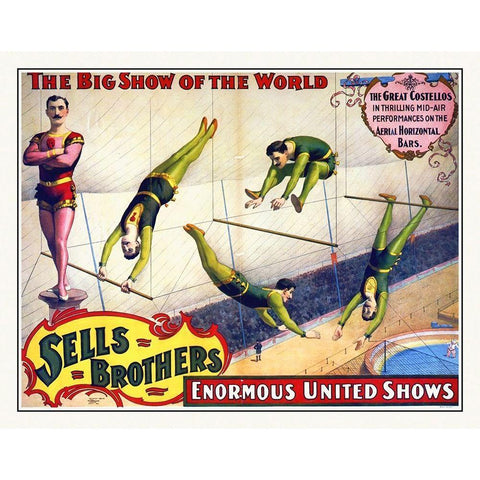 Sells Brothers Enormous United Shows - The Great Costellos - On The Aerial Horizontal Bars Gold Ornate Wood Framed Art Print with Double Matting by Hollywood Photo Archive