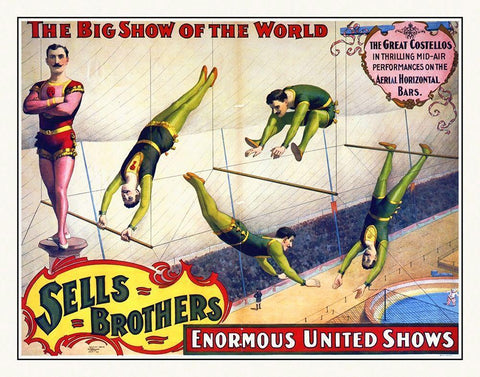 Sells Brothers Enormous United Shows - The Great Costellos - On The Aerial Horizontal Bars White Modern Wood Framed Art Print with Double Matting by Hollywood Photo Archive