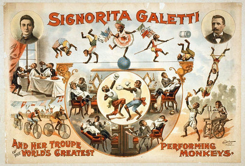 Signorita Galetti Performing Monkeys Black Ornate Wood Framed Art Print with Double Matting by Hollywood Photo Archive