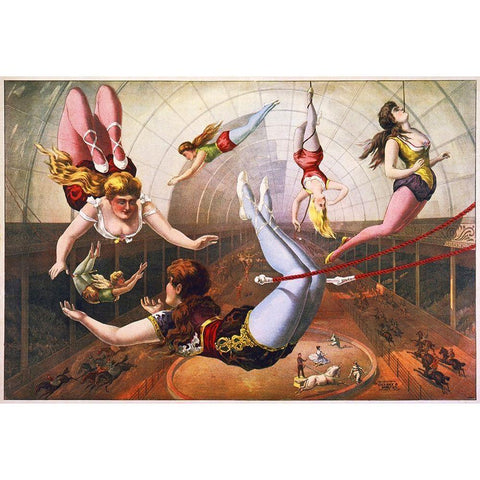 Trapeze Artists In Circus Black Modern Wood Framed Art Print with Double Matting by Hollywood Photo Archive