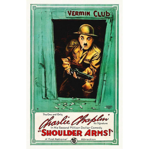 Charlie Chaplin - Shoulder Arms, 1918 Black Modern Wood Framed Art Print by Hollywood Photo Archive