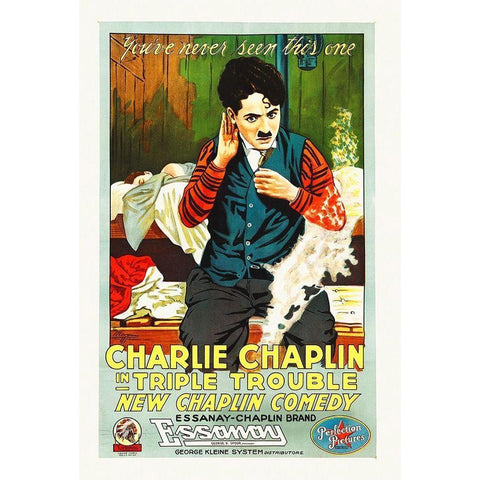 Charlie Chaplin - Triple Trouble, 1918 White Modern Wood Framed Art Print by Hollywood Photo Archive