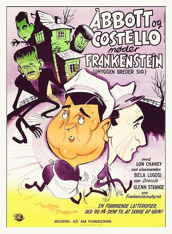 Abbott and Costello - Danish - Meet Frankenstein White Modern Wood Framed Art Print with Double Matting by Hollywood Photo Archive