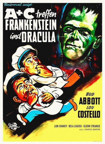 Abbott and Costello - German - Frankenstein And Dracula White Modern Wood Framed Art Print with Double Matting by Hollywood Photo Archive
