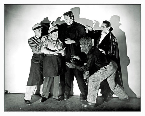 Abbott and Costello - Promotional Still with Frankenstein, Dracula and Wolfman Black Ornate Wood Framed Art Print with Double Matting by Hollywood Photo Archive