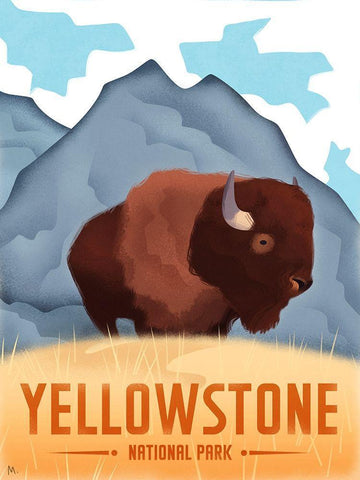 Yellowston National Park - Bison White Modern Wood Framed Art Print with Double Matting by Wickstrom, Martin