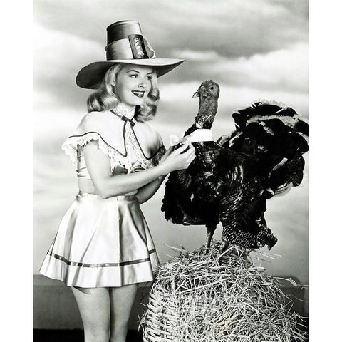 Doris Day with a Thanksgiving Turkey White Modern Wood Framed Art Print by Hollywood Photo Archive