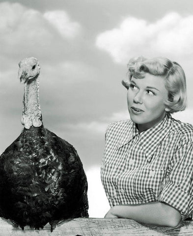 Doris Day with a Thanksgiving Turkey Black Ornate Wood Framed Art Print with Double Matting by Hollywood Photo Archive