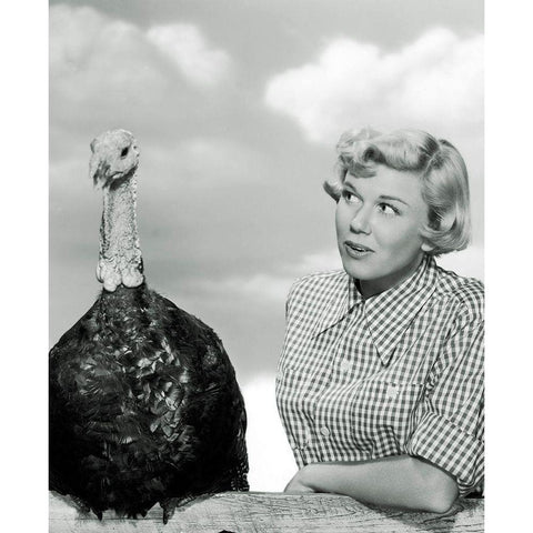 Doris Day with a Thanksgiving Turkey White Modern Wood Framed Art Print by Hollywood Photo Archive