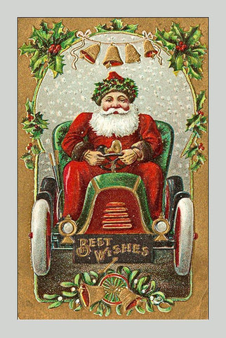 Santa Litho in Car - Best Wishes White Modern Wood Framed Art Print with Double Matting by Hollywood Photo Archive