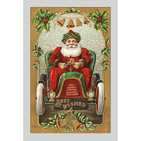 Santa Litho in Car - Best Wishes White Modern Wood Framed Art Print by Hollywood Photo Archive