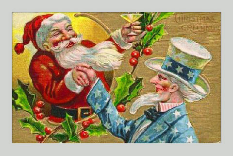 Santa with Uncle Sam Litho White Modern Wood Framed Art Print with Double Matting by Hollywood Photo Archive