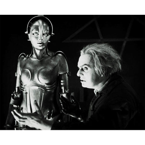 Metropolis - Maria with Rotwang -  Production Still White Modern Wood Framed Art Print by Hollywood Photo Archive